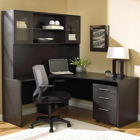 Corner L-Shape Desk With Mobile File Pedestal and Hutch